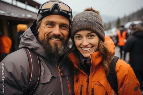 Photo of a happy couple skiing
