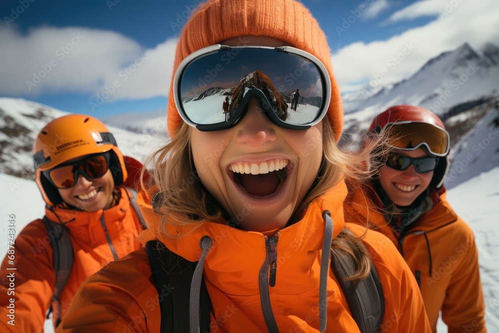 Portrait of skiers in orange jackets wearing ski googles Portrait of skiers in orange jackets wearing ski googles