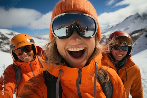 Portrait of skiers in orange jackets wearing ski googles 