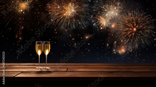 Happy New Year. Dark night with beautiful fireworks and champagne glasses on table
