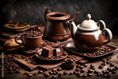 chocolate with coffee and teapot on table