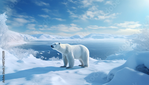 Polar Bear in Arctic Winter Glaciers Frozen Sea and Snowstorms