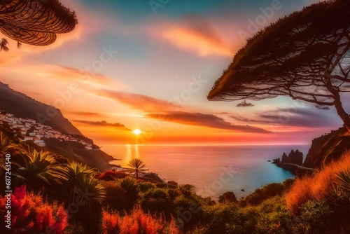 A dreamy scene of Madeira Island during sunset, warm hues painting the sky, the island's silhouette against the colorful backdrop