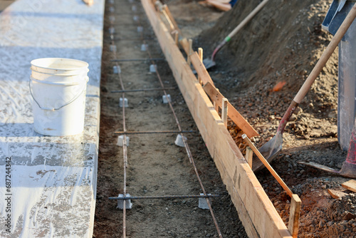 wood forms and metal rebar in place for the concrete pour