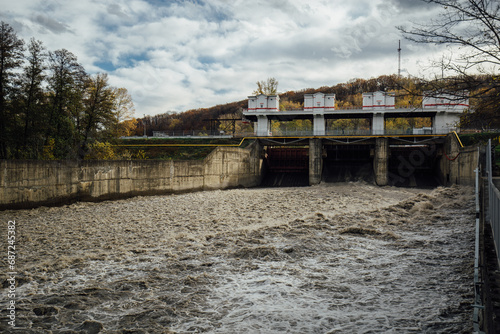 Spillway in Maykop dam, dirty water in river © Mulderphoto