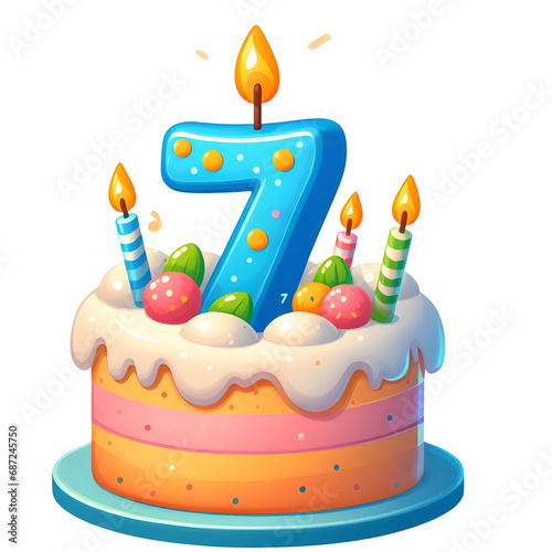 7 year old birthday cake or 7 year anniversary cake celebration with balloons and party decoration no background 