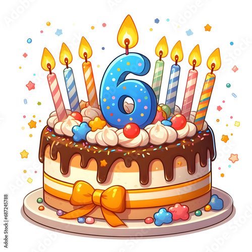6 year old birthday cake or 6 year anniversary cake celebration with balloons and party decoration no background 