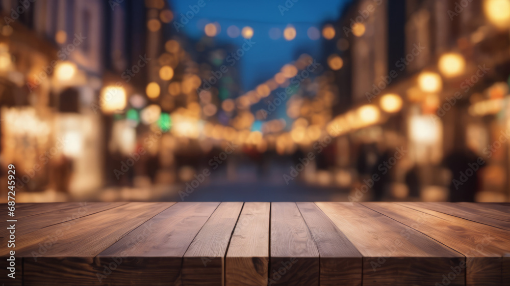 Holiday background with bokeh and wood background Holiday background with bokeh and wood background