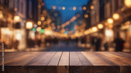 Holiday background with bokeh and wood background