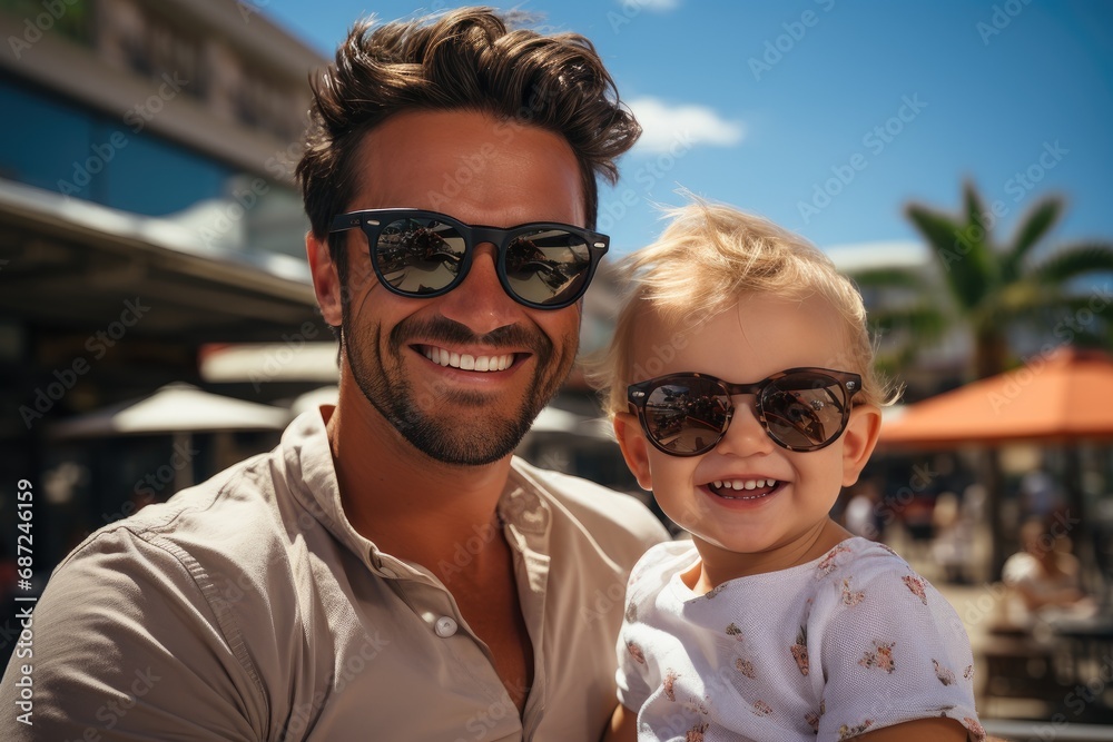 White man smiles with a baby boy wearing sunglasses White man smiles with a baby boy wearing sunglasses
