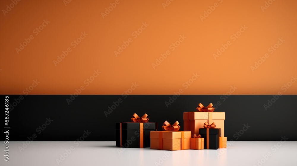 black and orange gift boxes with gold ribbon.black friday sales banner concept - obrazy, fototapety, plakaty 