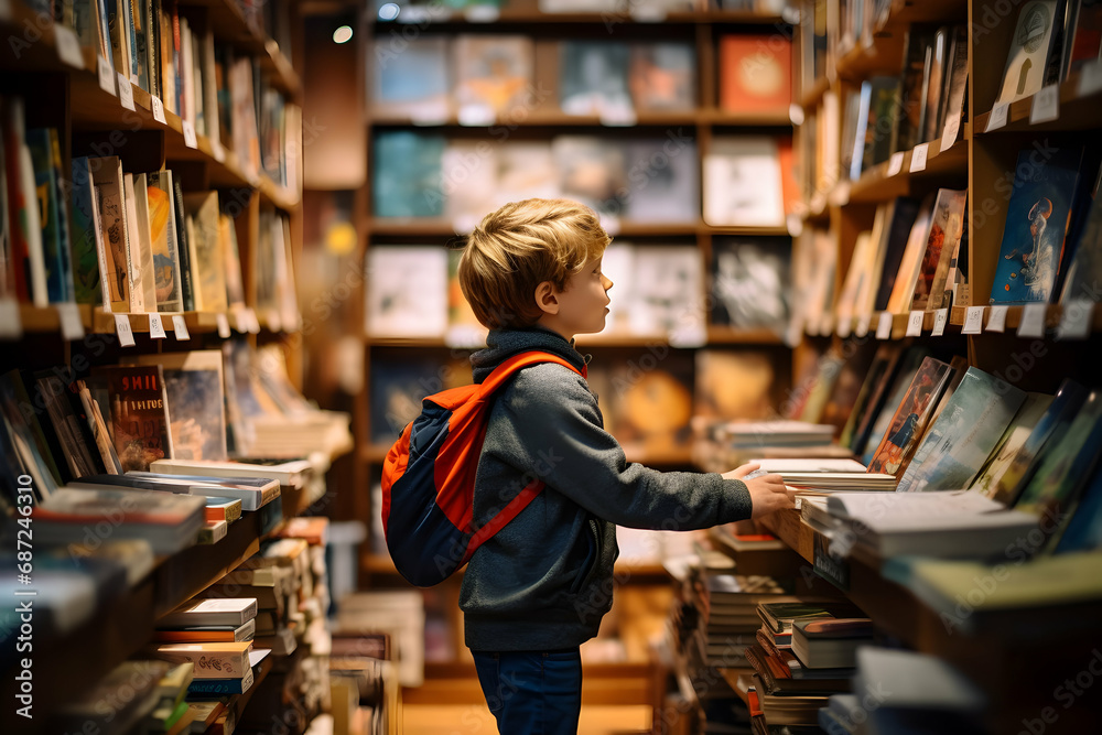 Child Enthusiastically Exploring Books in a Bookstore, Embracing the Joy of Reading Back to School Wonder