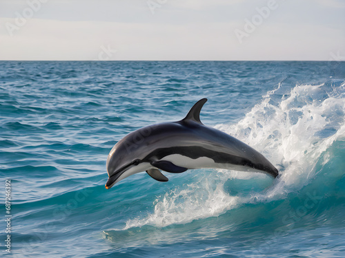 Dolphin jumping out of the water on the background of the sea