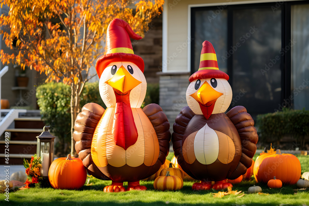 Inflatable Turkey and Pumpkins Front Yard Display – Welcoming Seasonal Cheer with Exterior Home Decor Thanksgiving Extravaganza
