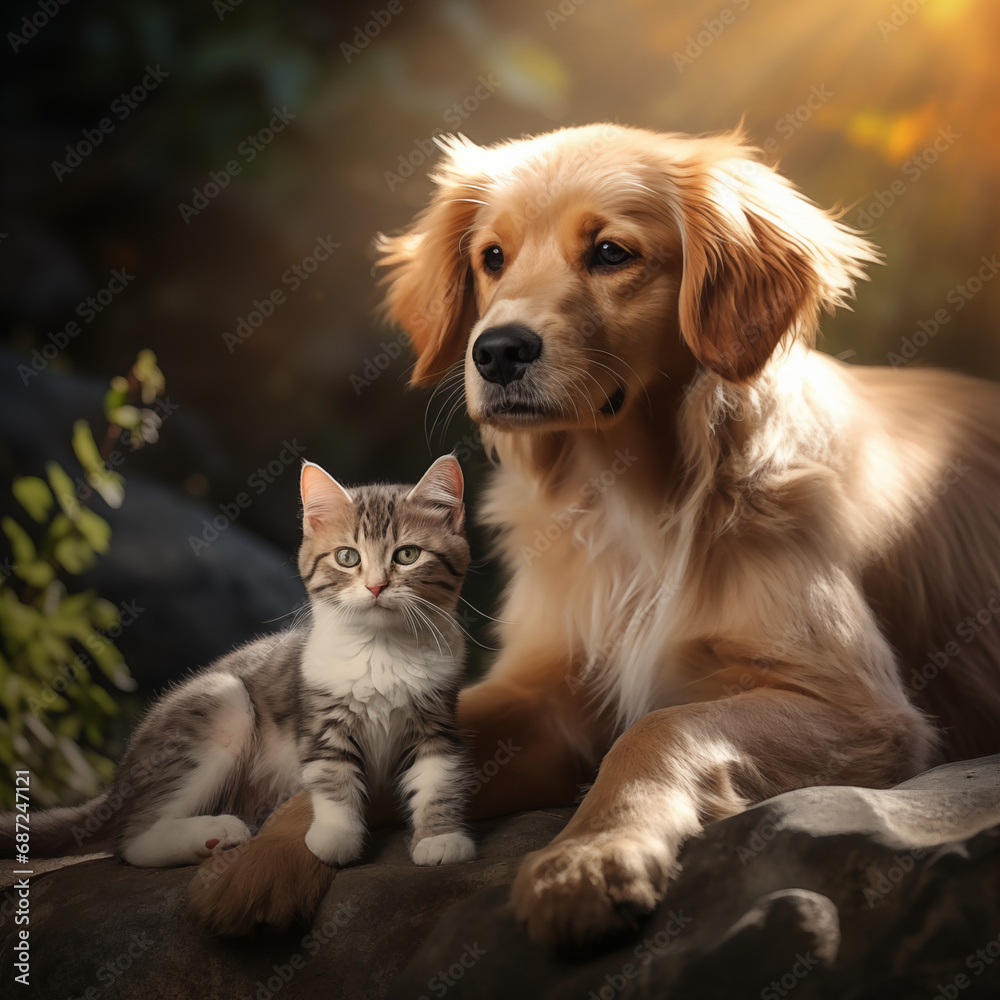 young dog with young cat, perfect composition, highly detailed, reality, UHD, photograph, a bright background, Generative AI