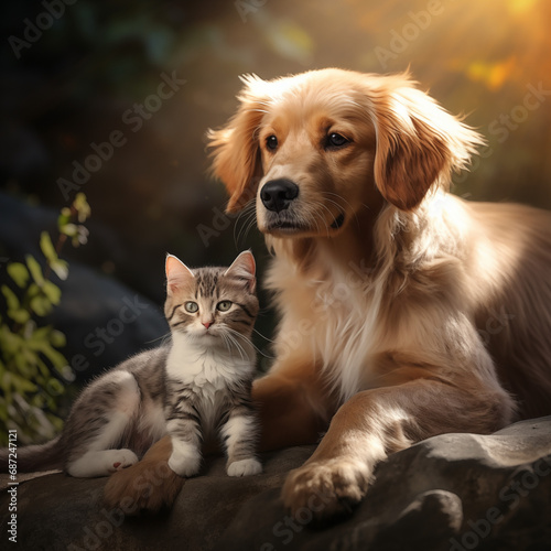 young dog with young cat, perfect composition, highly detailed, reality, UHD, photograph, a bright background, Generative AI