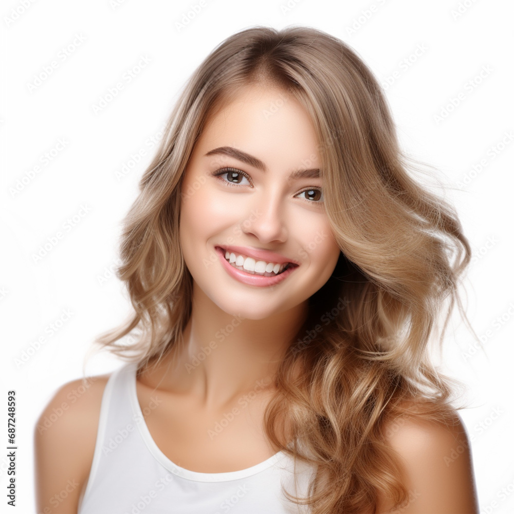 closeup photo portrait of a beautiful woman smiling with clean teeth. used for a dental ad. women with fresh stylish hair and soft features. isolated on white background closeup photo portrait of a beautiful woman smiling with clean teeth. used for a dental ad. women with fresh stylish hair and soft features. isolated on white background