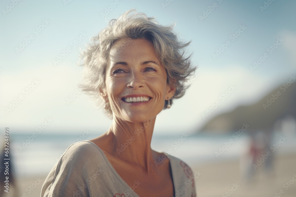 An older woman smiling at the camera on the beach. Perfect for travel brochures or advertisements