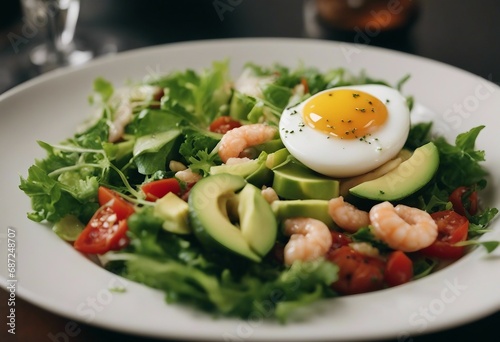 Rich plates of salad from green leaves mix and vegetables with avocado eggs chicken and shrimps 
