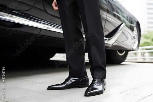 rich businessman wearing suit, standing near his luxury car. Neural network AI generated art © mehaniq41