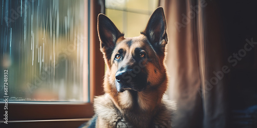 Purebred German Shepherd puppy sitting indoors looking at camera obediently , luffy black German Shepherd puppy, loyal friend, sitting outdoors, generative AI