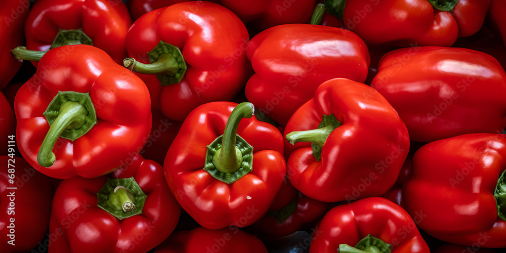 Bell peppers as healthy organic food background fresh vegetable at farmers market diet and agriculture, full frame of whole ripe red capsicum placed together as background, generative AI
