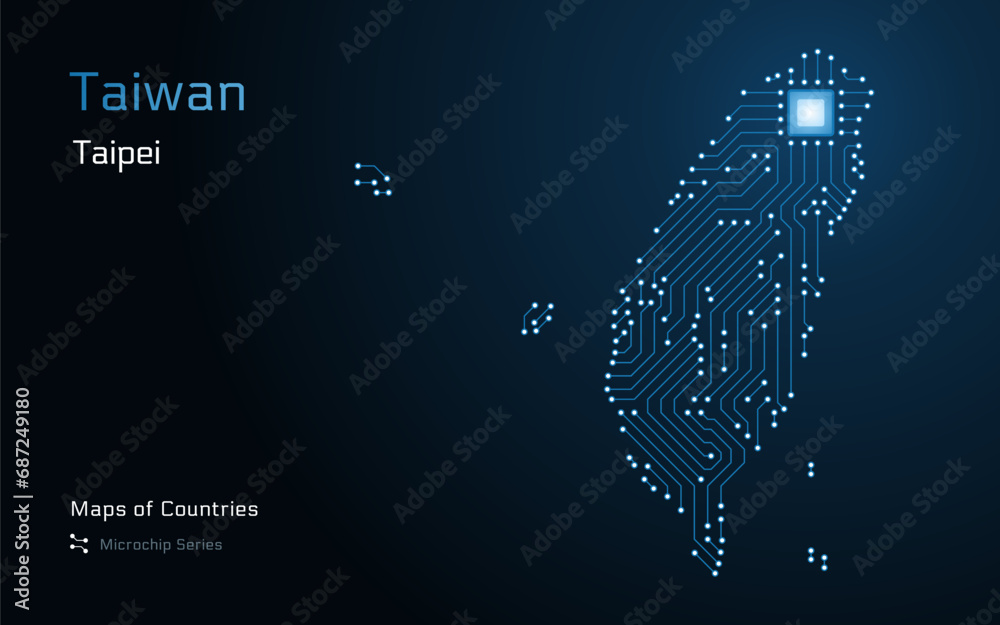 Fototapeta premium Taiwan Glowing Map with a capital of Taipei Shown in a Microchip Pattern. E-government. TSMC. World Countries vector maps. Microchip Series