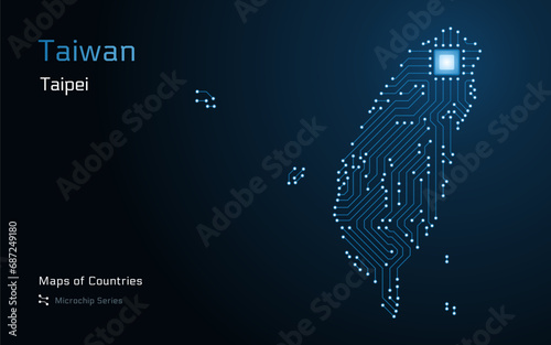 Taiwan Glowing Map with a capital of Taipei Shown in a Microchip Pattern. E-government. TSMC. World Countries vector maps. Microchip Series