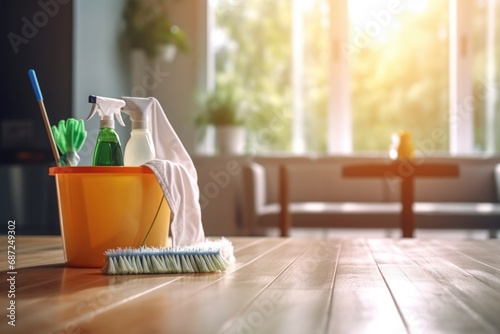 A bucket of cleaning supplies sitting on a wooden floor. Perfect for illustrating household cleaning or janitorial services photo