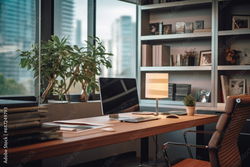 A desk with a laptop computer and a plant. Suitable for office and workspace themes