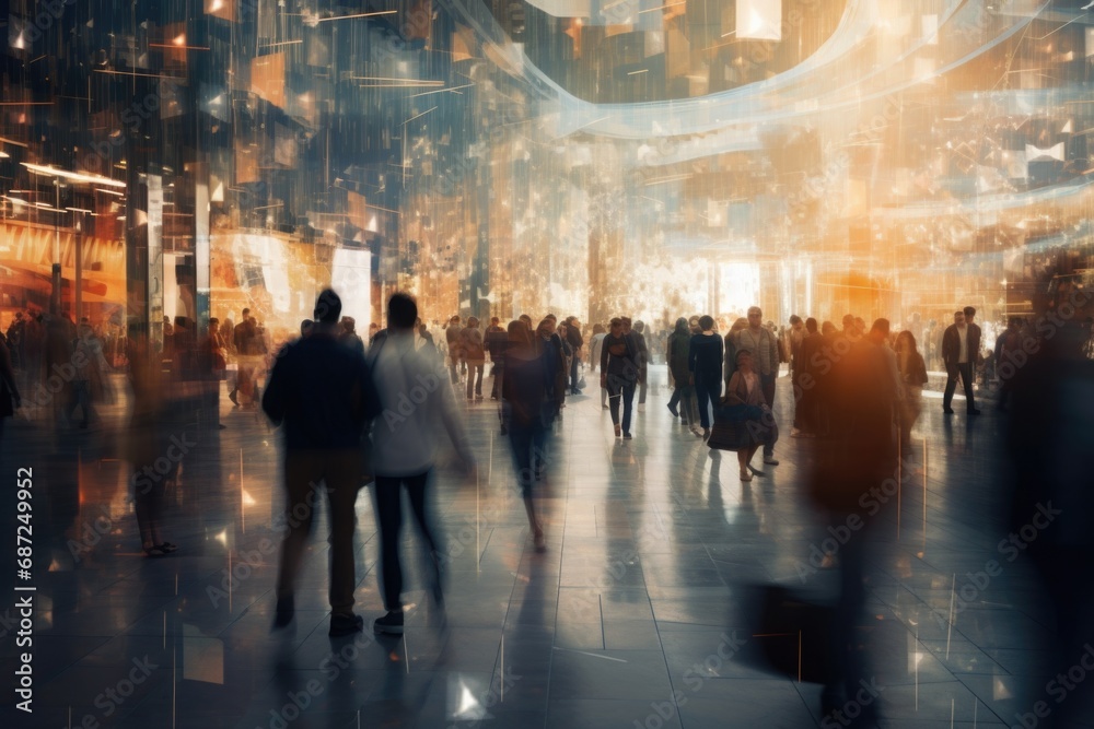 Blurry image of people walking through a shopping mall. Suitable for advertising or illustrating busy city life