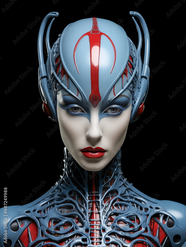 A portrait of a female cyborg in an organic-looking sci-fi attire, blending human and machine elements in a futuristic and artistic representation.