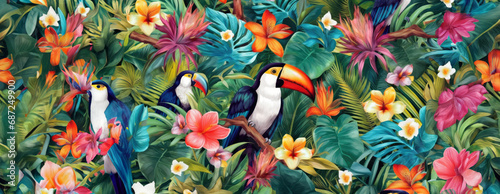 Tropical exotic pattern with animal and flowers in bright colors and lush vegetation. Ai Generative.