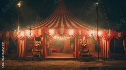 Colorful circus tent at night. Fun festival carnival show. Mystery spooky fair. Yellow and red stripes. Beautiful magical lights. Weird fancy retro performance park. Halloween horror party outdoors. photo