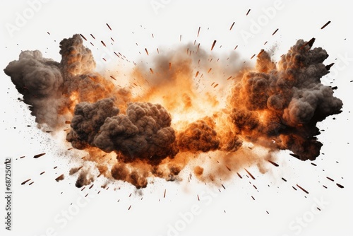 Smoke explosion of black and orange colors on a white background. Versatile and impactful image suitable for various creative projects