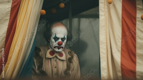 Funny sad clown with white make up face. Carnival mime artist performance. Lonely dramatic comedian grimace portrait. Scary tragicomic fun joker. Mysterious frightening comic character. Circus tent. photo