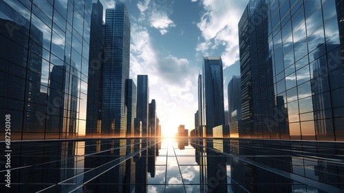 City skyscrapers with tall glass office buildings at sunny day. AI generated image