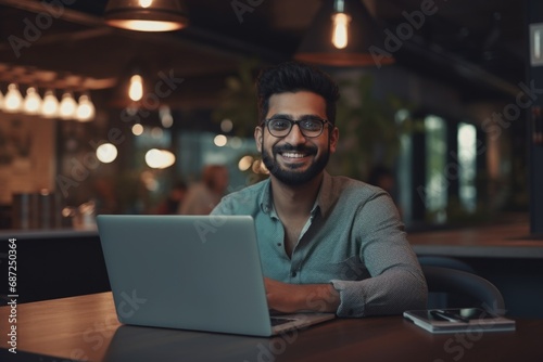 A man sitting at a table, focused on his laptop. Suitable for business, technology, or work-related concepts