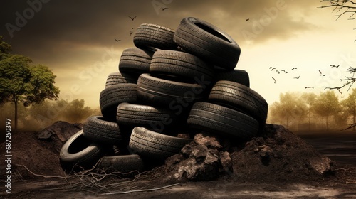 Stack pile of tires on the ground in outdoor background. AI generated image photo