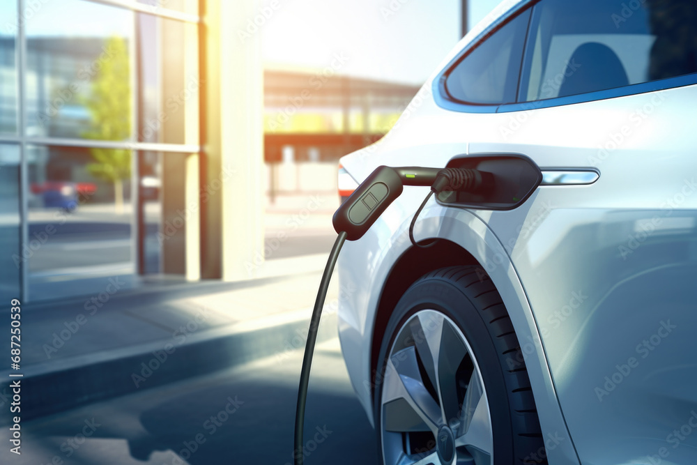 An electric car is plugged into a charging station. This image can be used to depict sustainable transportation and the growing popularity of electric vehicles