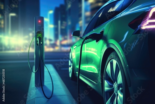 An electric car plugged into a charging station. This image can be used to depict sustainable transportation or the future of electric vehicles