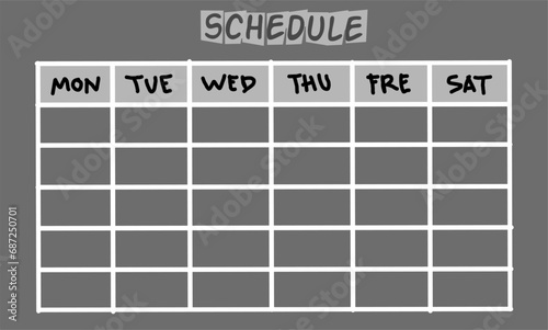 Vector, Freehand pen doodle sketch of blank monthly network schedule on black background