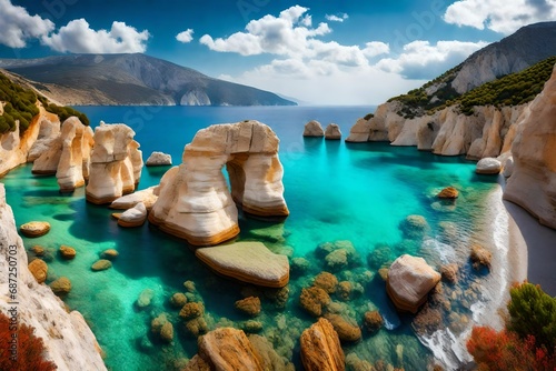 Beautiful panorama with the Mediterranean sea in Greece. crystal and colorful water, rocks