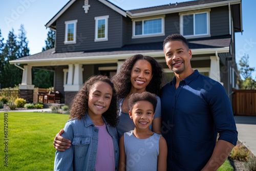 Happy family in front of their house, home, real estate. Homeowners, renters, mom, dad, kids, children, blended families, diverse families, standing in front of their property.
