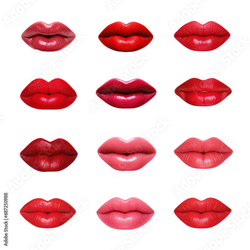 Set of lips  different types and colors of lipstick. Isolated on transparent background. 