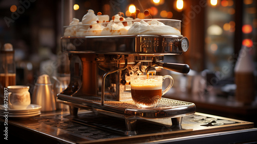 Coffee machine on a table with coffees with a soft layer of delicate foam. Coffee beans, a soft layer of foam, and a warm morning light come together in a delicious and refined experience.