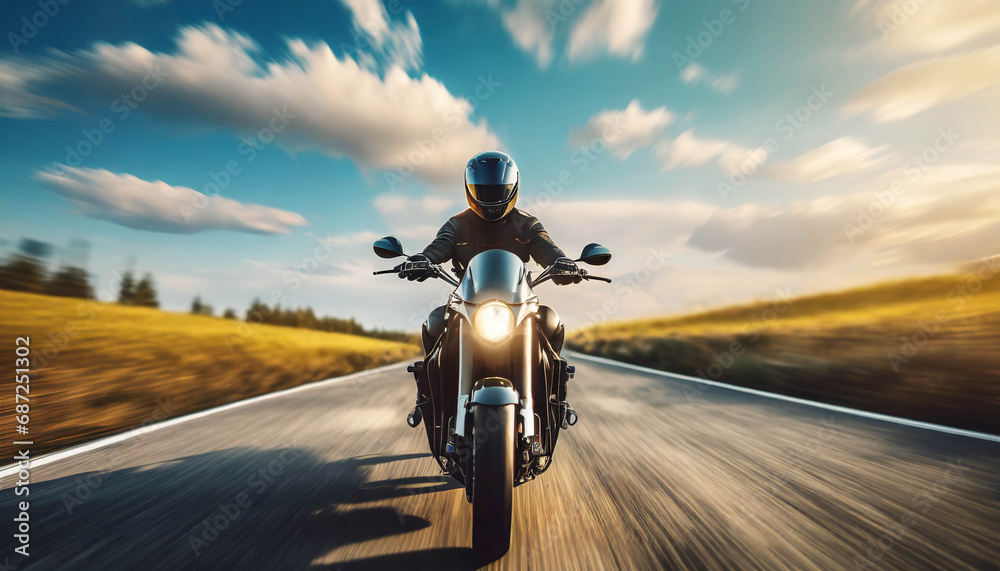front view of a motorcycle or motorbike driving fast on road in rural landscape .ai generated - obrazy, fototapety, plakaty 