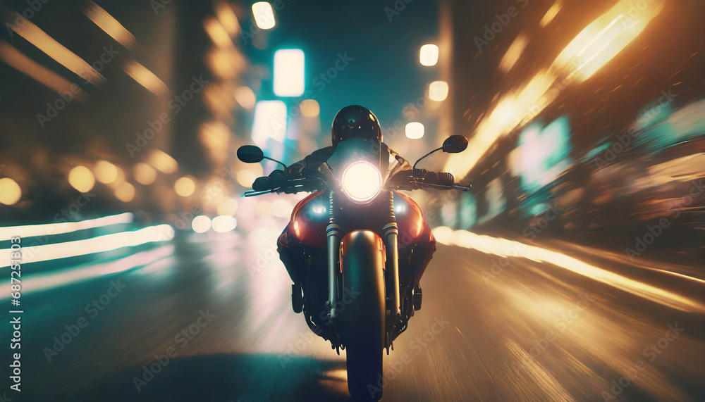 motorbike driving fast in city at night. riding motorcycle front view  .ai generated - obrazy, fototapety, plakaty 