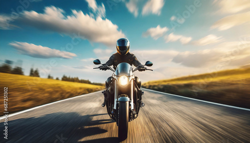 Photographie front view of a motorcycle or motorbike driving fast on road in rural landscape