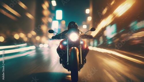 motorbike driving fast in city at night. riding motorcycle front view  .ai generated photo